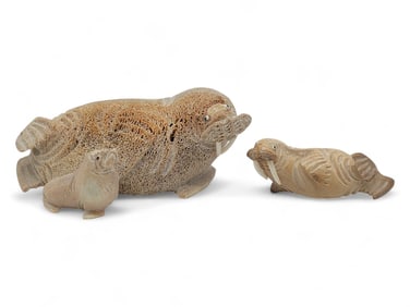 Archie Slwooko Carved Bone Walruses w/ Walrus Tusk Accents