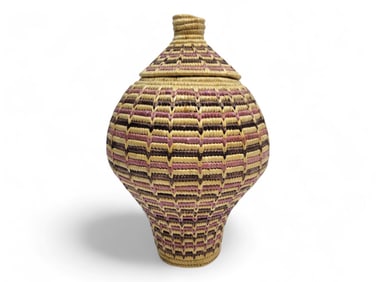 Yup'ik Lidded Coiled Grass Basket - Fannie Amik