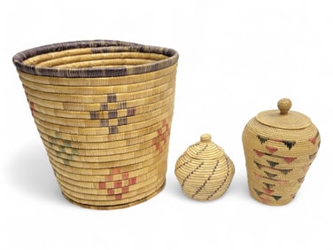 Yup'ik Polychrome Geometric & Striped Coiled Grass Baskets