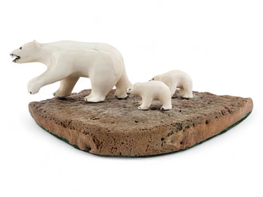 Carved Walrus Tusk Polar Bear Diorama