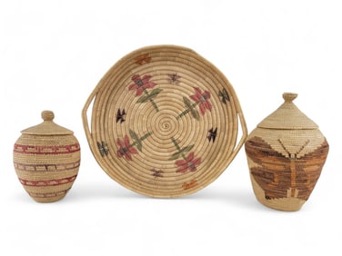 Yup'ik Polychrome Coiled Grass Baskets & Tray