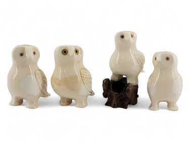 Walrus Tusk Carved Owls - Mecher Oozevaseuk