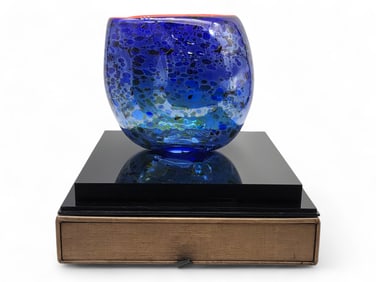 Dale Chihuly Cobalt Blue Glass Basket w/ Cadmium Red Lip