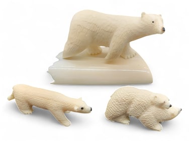 Carved Walrus Tusk Polar Bears Figurines - Arnie Slwooko & Mark Nupowlaktik