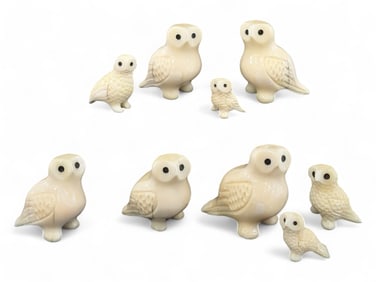 Carved Walrus Tusk Owls - Mecher Oozevaseuk