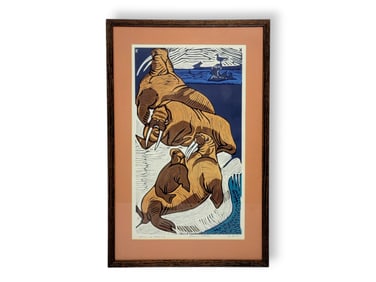 Bernard Katexac "Walrus on Migration" Woodblock Print