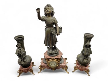 Antique Garniture Spelter Statue & Urns w/ Marble Bases