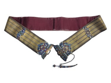 Russian Textile Belt w/ Silver-Gilt, Cloisonné Enamel Elements