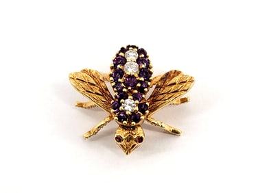 18k Yellow Gold, Diamond, Amethyst & Ruby Bumble Bee Brooch