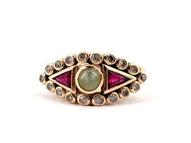 14k Gold Diamond, Ruby & Moonstone Ring