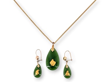 Alaska Gold Nugget & Jade Pendant Necklace w/ Matching Earrings