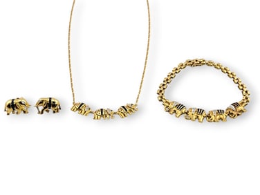 18k Yellow Gold, Sapphire & Diamond Elephant Jewelry Suite
