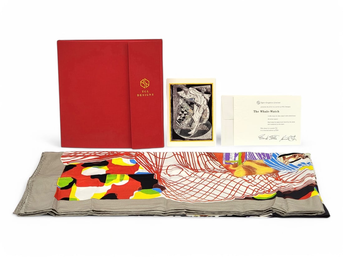 Frank Stella "The Whale-Watch" Silk Crêpe de Chine Shawl: A limited edition numbered 90/650 shawl, crafted from silk crêpe de Chine with a rolled hem, depicting "The Whale-Watch" by artist Frank Stella (American, 1936-2024), from his 1993 series Moby Dick D