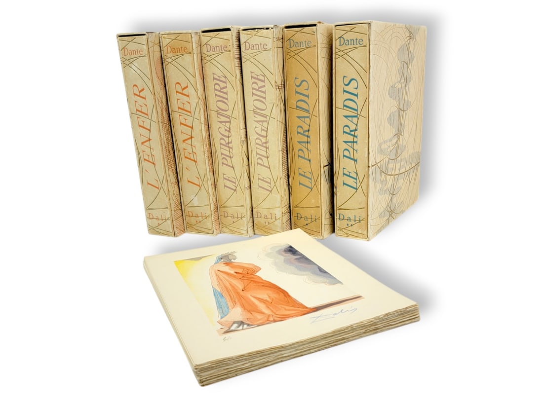Salvador Dali La Divine Comédie w/Signed Woodblock Prints: A scarce French Edition of Dante's La Divine Comédie, or The Divine Comedy, illustrated in a suite of six portfolios by artist Salvador Dalí (Spanish, 1904-1989), including half (50x) of a set of (1