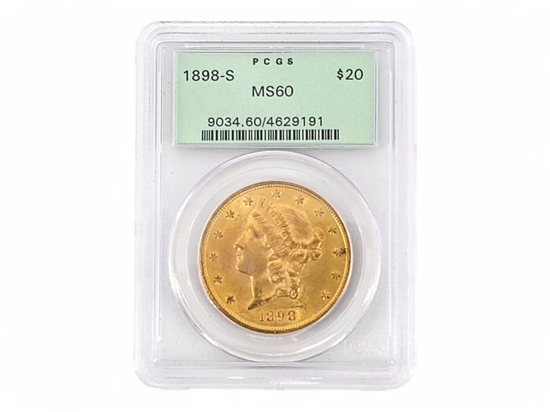 PCGS MS60 1898-S $20 Liberty Head Double Eagle Gold Coin: Variety: Liberty Head Gold Double Eagle Face Value: $20.00 Year(s)/Mint Mark(s): 1898-S Metal Content: 90% Gold, 10% Copper Graded: