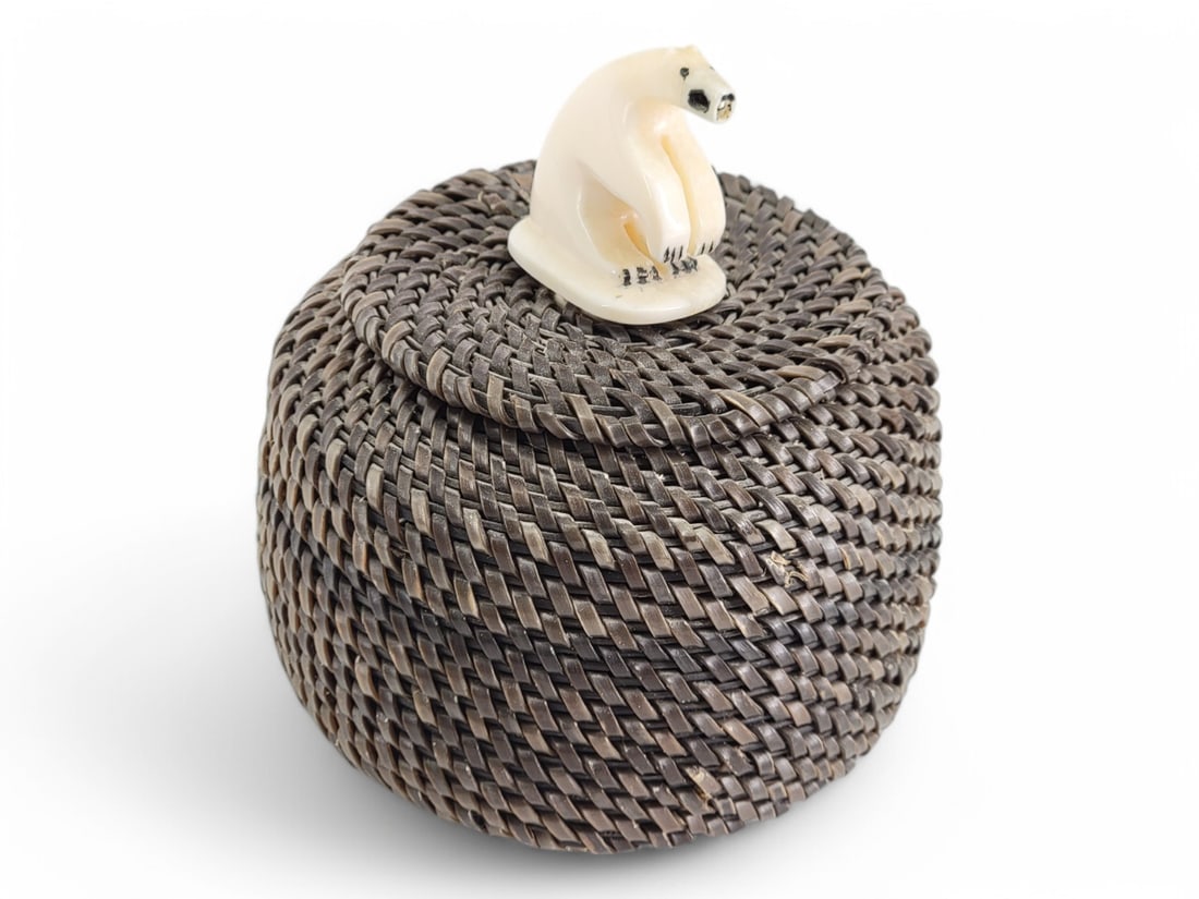I?upiaq Baleen Basket w/ Polar Bear Finial - James Omnik: An Iñupiaq baleen basket by the Point Hope based artist, James Omnik (b.1970). The basket features a carved walrus tusk finial in the form of a polar bear, and double charger base of the same materia