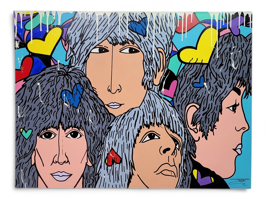 Jozza "Beatles Forever" Acrylic Painting: A c.2020 original acrylic painting on gallery wrapped canvas, titled "Beatles Forever" and depicting John Lennon, Paul McCartney, George Harrison, and Ringo Starr against a blue background decorated w