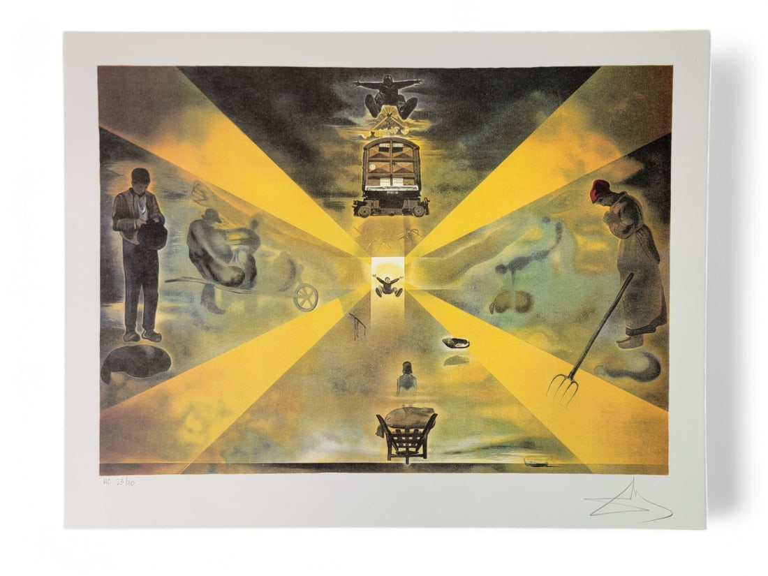 Salvador Dali "La Gare de Perpignan" Print: A signed and numbered 23/30 Hors d'Commerce (HC) entitled "La Gare de Perpignan", by late painter and surrealist artist Salvador Dalí (Spanish, 1904-1989) c.1965. The piece portrays the lights of a t