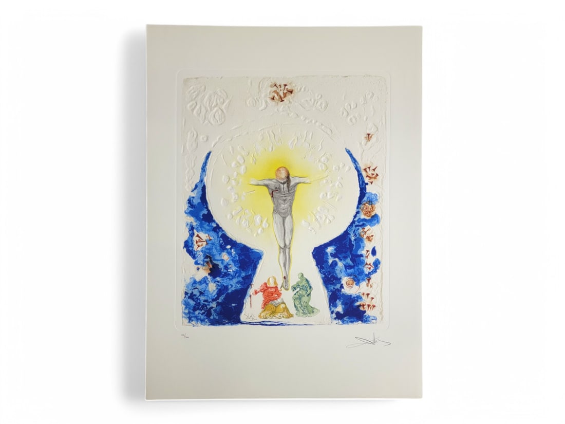 Salvador Dali "L'Hostie" Print: A signed and numbered 117/300 loose print entitled "L'Hostie", by late painter and surrealist artist Salvador Dalí (Spanish, 1904-1989) c.1961. The piece with embossed details, print depicts a crucif