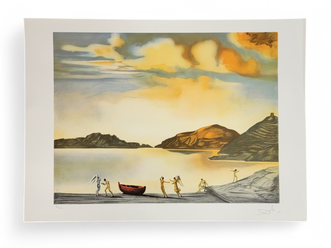 Salvador Dali "Port Lligat at Sunset" Print: A signed and numbered 26/300 loose print entitled "Port Lligat at Sunset", by late painter and surrealist artist Salvador Dalí (Spanish, 1904-1989) c.1959. The piece portrays a beautiful landscape sc