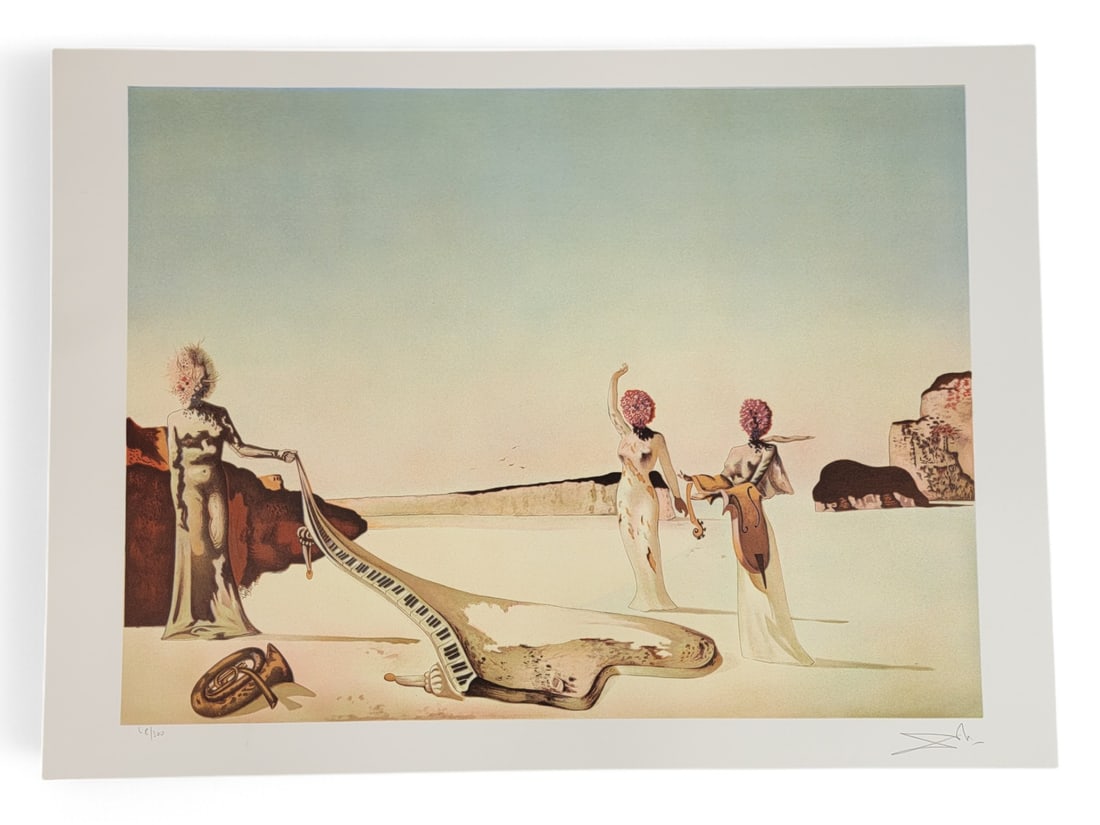 Salvador Dali "Three Young Surrealistic Women Holding in Their Arms the Skins of an Orchestra" Print: A signed and numbered 68/300 loose print entitled "Three Young Surrealistic Women Holding in Their Arms the Skins of an Orchestra", by late painter and surrealist artist Salvador Dalí (Spanish, 1904-
