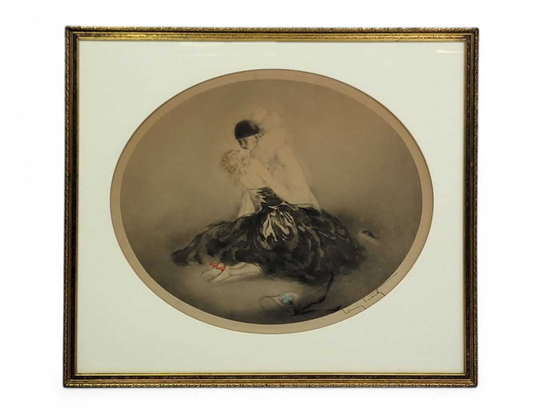 Louis Icart "The Embrace" Colored Etching Artist Proof: Limited Edition signed Artist’s Proof colored etching in color by Louis Icart (French, 1888-1950), depicting two lovers in an embrace, featuring subtle pops of color throughout. It is matted in a un