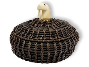 Inupiaq Baleen Basket w/ Walrus Tusk Figural Walrus Head Finial