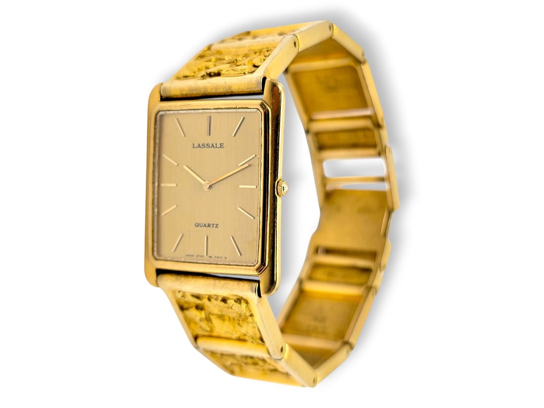 Alaskan Gold Nugget Wristwatch w/Solid 10k Gold Band: Vintage 10-karat yellow gold wristwatch crafted by Lassale, a high-end brand by Japanese watchmaker Seiko. It has a rectangular face, petite markers, and winding stem. The band features nine full-size