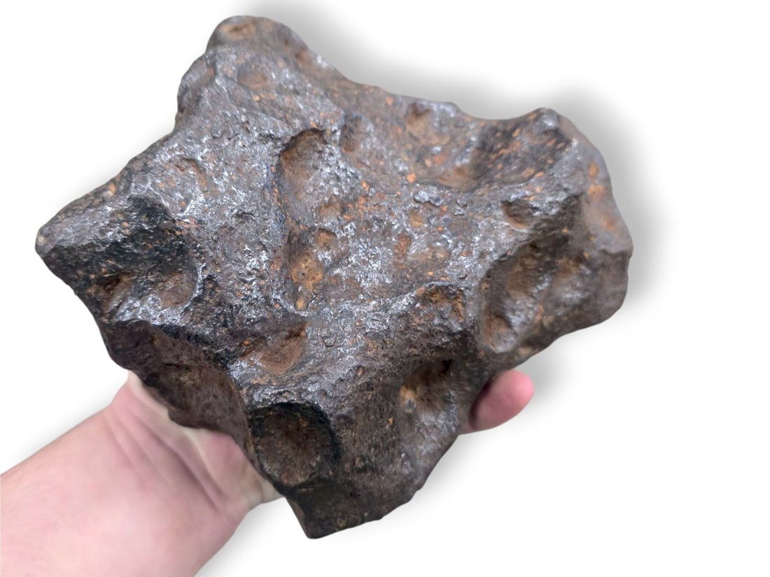 10.46kg Campo del Cielo Iron Meteorite: A compact iron-nickel meteorite specimen featuring a dense, irregular form with numerous shallow depressions known as regmaglypts or "thumb prints," which are characteristic of atmospheric ablation. T