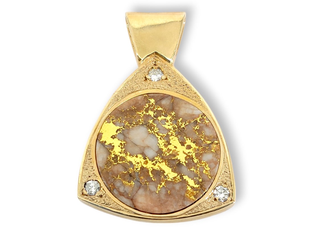 Large Gold Quartz Pendant in 14k Yellow Gold w/Diamonds: A triangular-shaped pendant in 14 karat yellow gold featuring a round cabochon of polished gold quartz (natural gold as found in the quartz.) At each point in the triangle, a prong set 3.50mm diamond