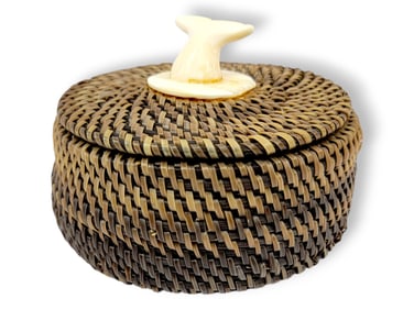 Inupiaq Baleen Basket w/ Walrus Tusk Whale Fluke Finial - Joe Sikvayugak