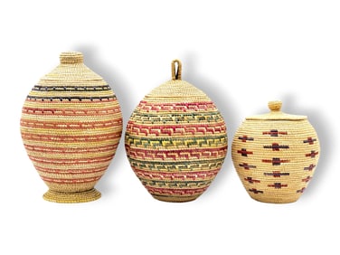 Yup'ik Coiled Grass Baskets w/ Striped & Geometric Designs