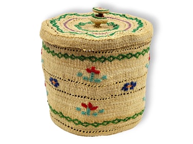 5" Aleut Polychrome Twined Basket w/ Floral Design