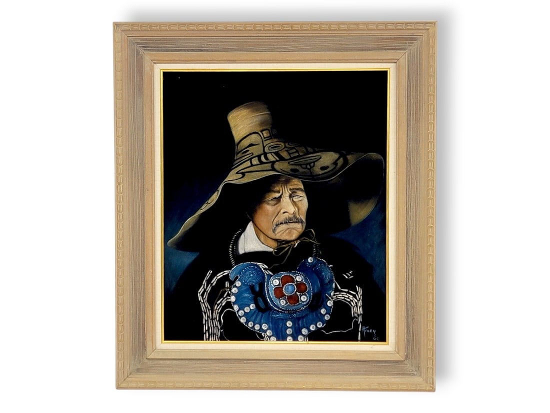 Haley Original Black Velvet Portrait of a Southeast Alaska Native Man: An original 1962 oil on black velvet painting depicting a Southeast Alaska Native in full dress regalia, complete with formline-decorated woven hat and button tunic. Signed and dated c.1962, lower rig