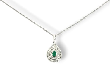 Emerald & Diamond Teardrop Pendant Necklace in Platinum