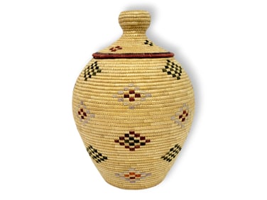 Yup'ik Coiled Grass Basket w/ Seal Gut Diamond Pattern - Rachael Smart
