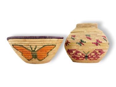 Yup'ik Coiled Grass Baskets w/ Butterfly Embroidery - Clotilda Stone