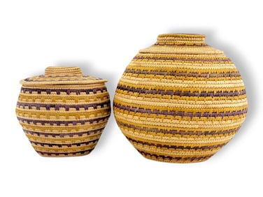 Yup'ik Coiled Grass Baskets w/ Striped Designs - Clotilda Stone