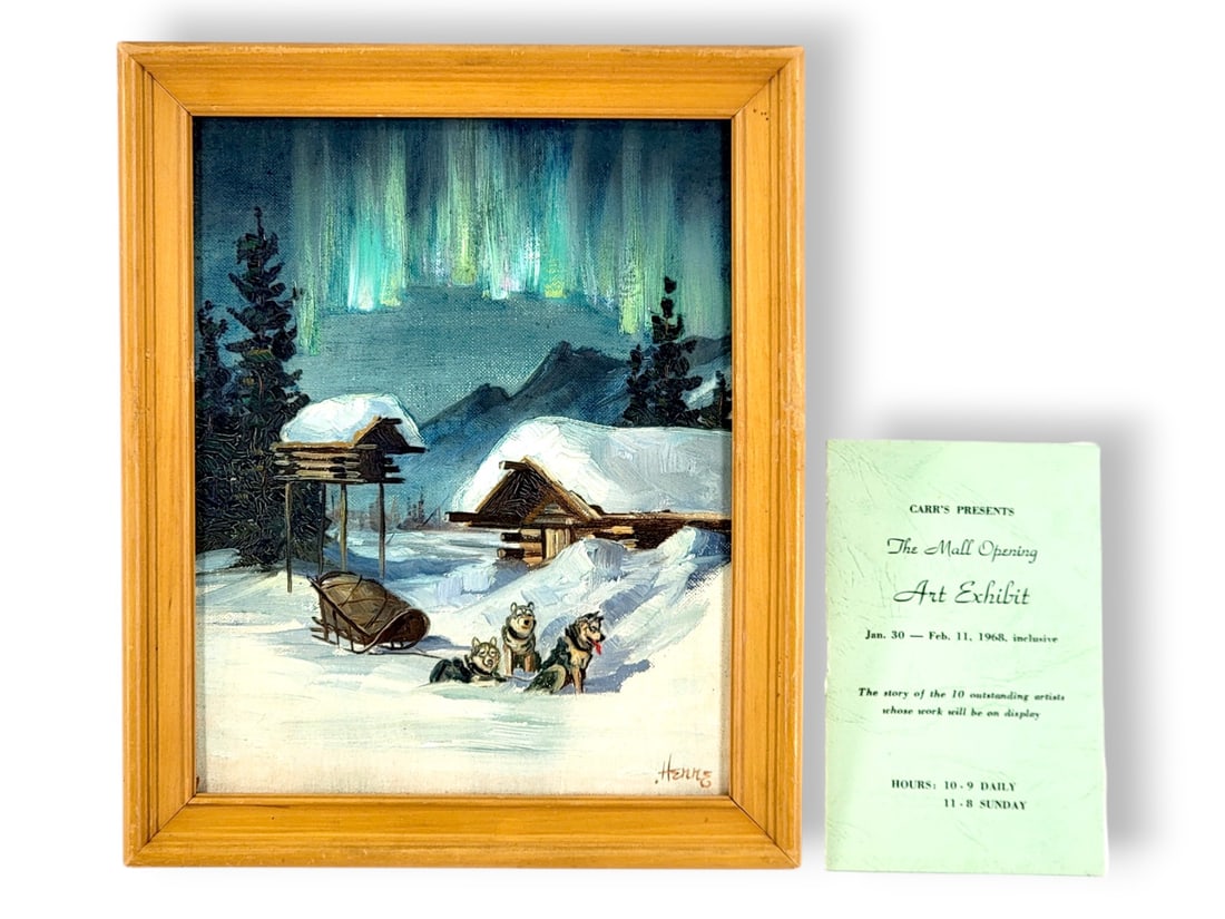 Ellen Henne Goodale Original Acrylic on Board of the Northern Lights: An original acrylic on board depicting a scene near and dear to those buying paintings in the 1950s and 1960s. A true artifact of that time, the landscape features all the motifs of Alaskana, specific