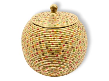 Yup'ik Grass Basket w/Exquisite Dyed Seal Gut