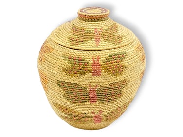 Yup'ik Coiled Grass Basket w/ Butterfly Embroidery