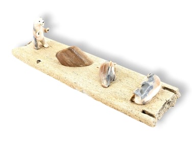 Fossil Walrus Tusk Diorama of Polar Bear Hunting Walruses - Andrew Rookok