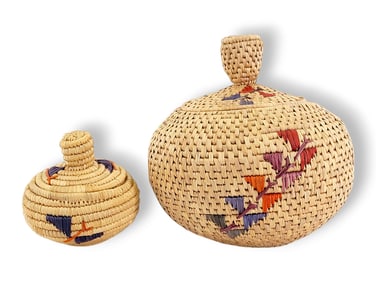 Yupik Coiled Grass Baskets w/ Butterfly Embroidery - Annie Dun