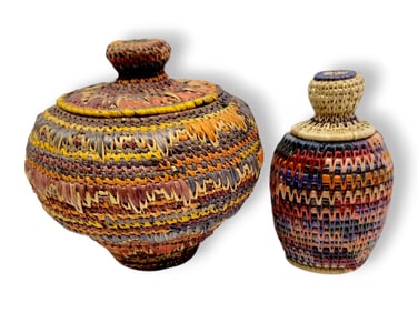 Yup'ik Coiled Grass Baskets w/ Bold Polychrome Designs