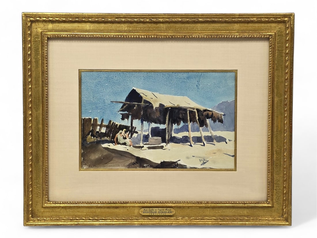 Eustace Paul Ziegler "Fish Cache on Copper River" Watercolor Painting: An original watercolor painting entitled "Fish Cache on Copper River" by late Alaskan artist Eustace Paul Ziegler (1881-1969); signed lower right by the artist with title displayed on a small plaque a