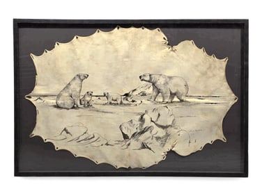 A Large Florence Malewotkuk Ink Drawing on Stretched Hide