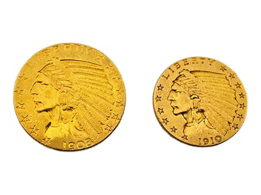 1908 $5 & 1910 $2.50 Indian Head Half & Quarter Eagle Gold Coins