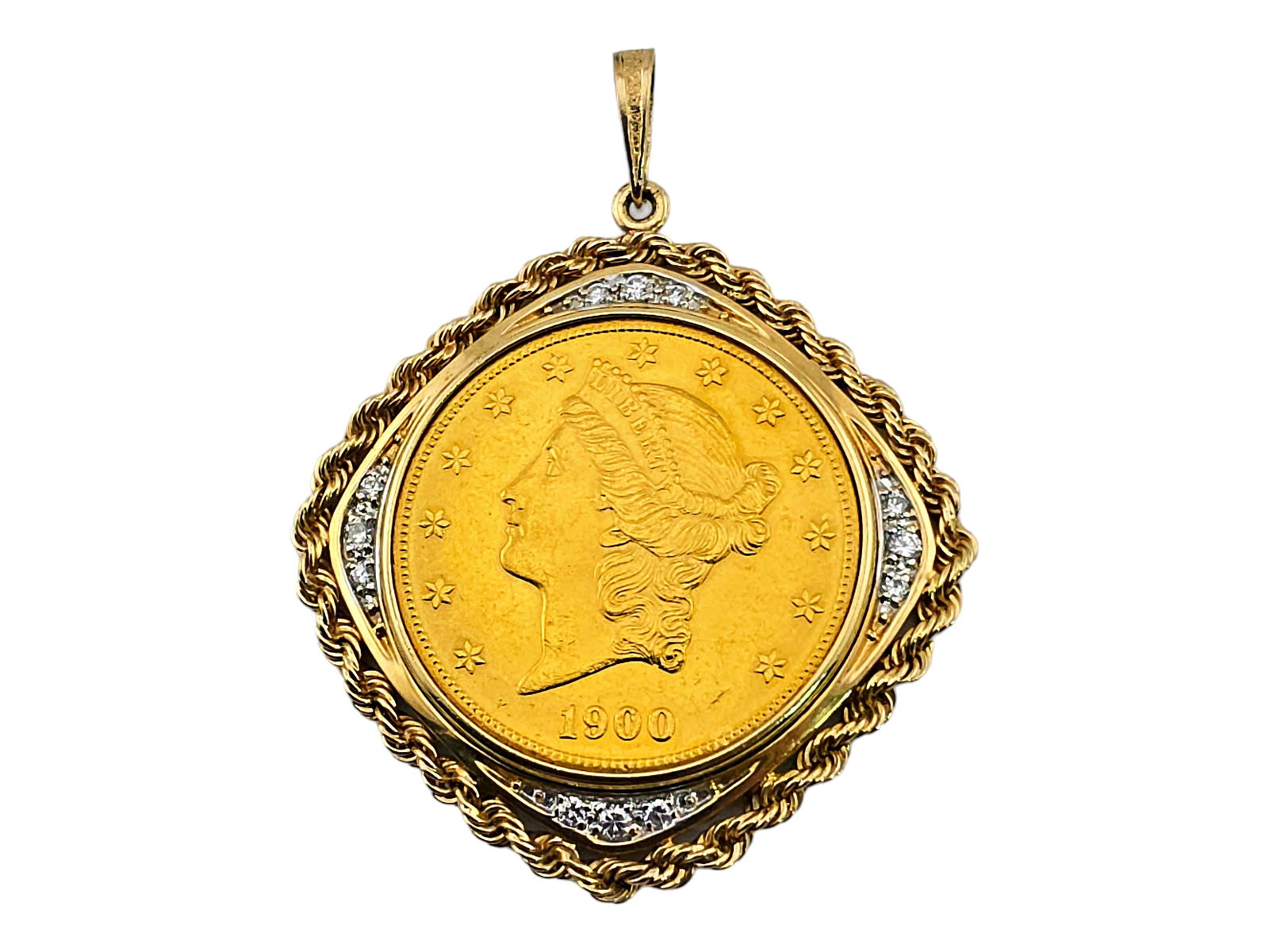 1900 $20 Liberty Head Gold Coin & 0.56 ctw Diamond Pendant: A circa 1900 Liberty Head $20 Gold Double Eagle coin pendant, mounted in a 14 karat yellow gold setting adorned with a diamond mounting, with four round diamonds (2.75mm) and eight round diamonds (2.0