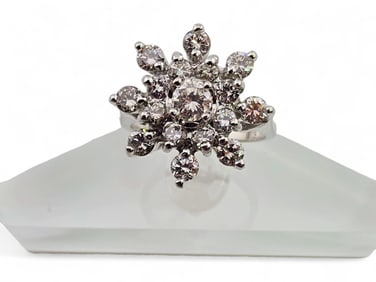 A 14k White Gold Diamond Snowflake Cluster Ring