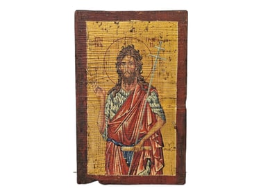 Byzantine Icon St. John the Baptist Gold Leaf & Egg Tempera Painting